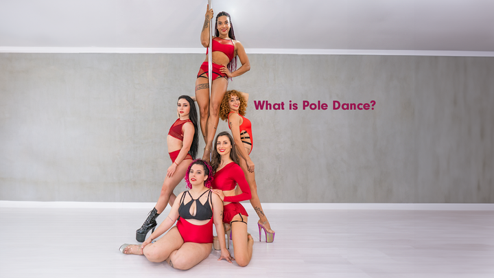 5 woman posing around a pole dance bar